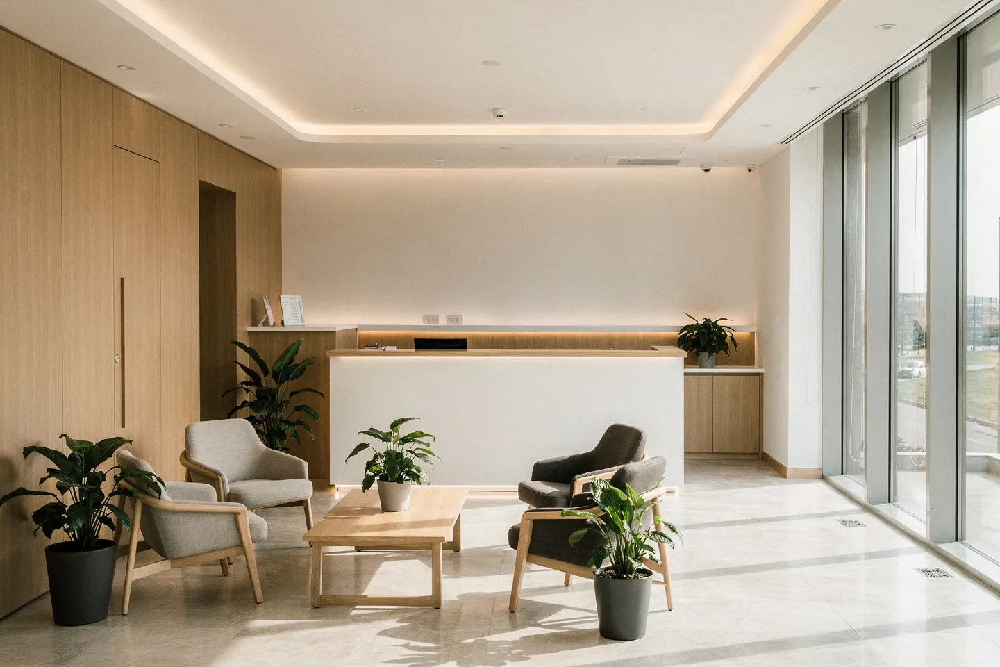 Modernes Zahnarzt-Wartezimmer mit Holzdekoration, skandinavischem Design und Topfpflanzen