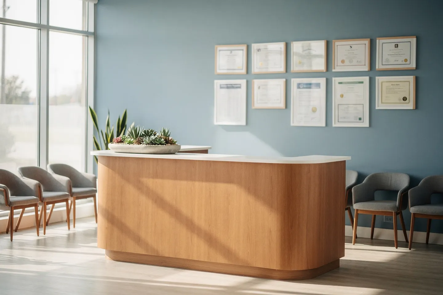 Modernes Zahnarzt-Wartezimmer mit Holz- und Blautönen, Empfangstheke und bequemen Stühlen