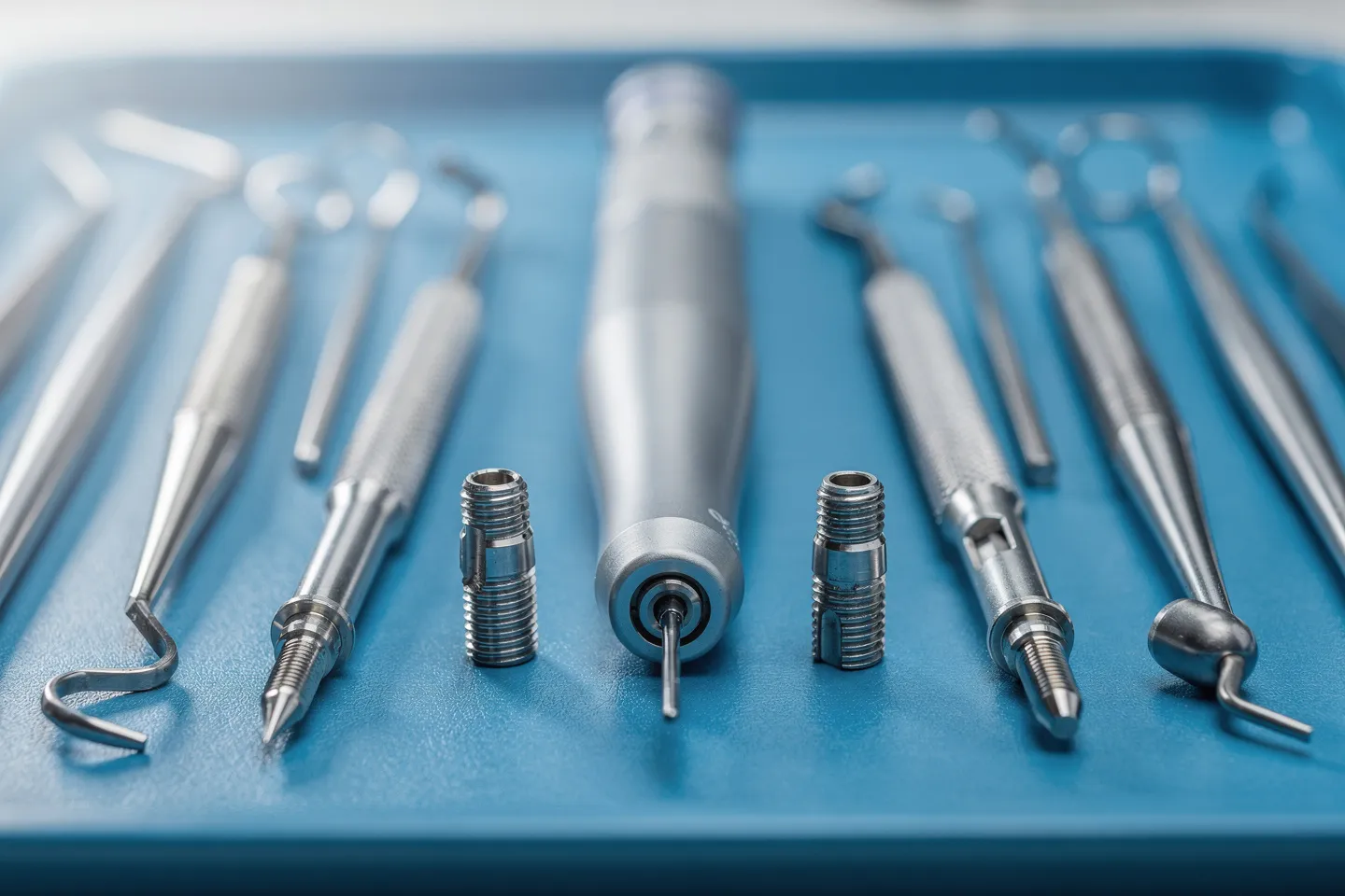 Präzise Zahnarztinstrumente auf blauem sterilen Tablett mit Bohrer und Implantaten