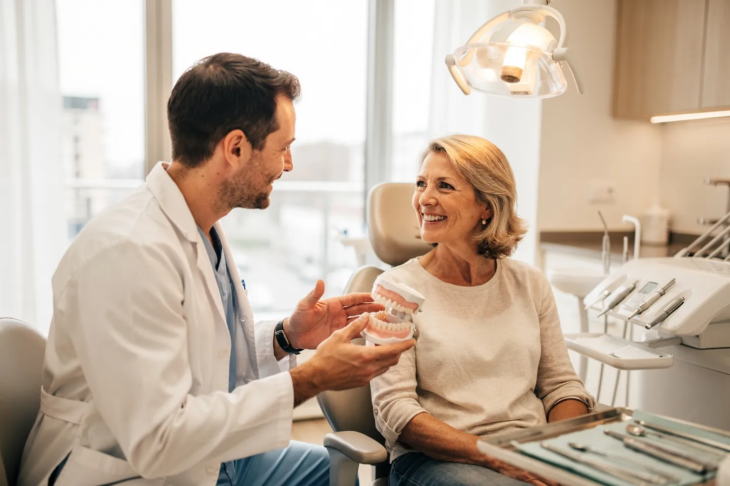 Ein freundlicher Zahnarzt erklärt einer Patientin Behandlungsoptionen mit einem Zahnmodell