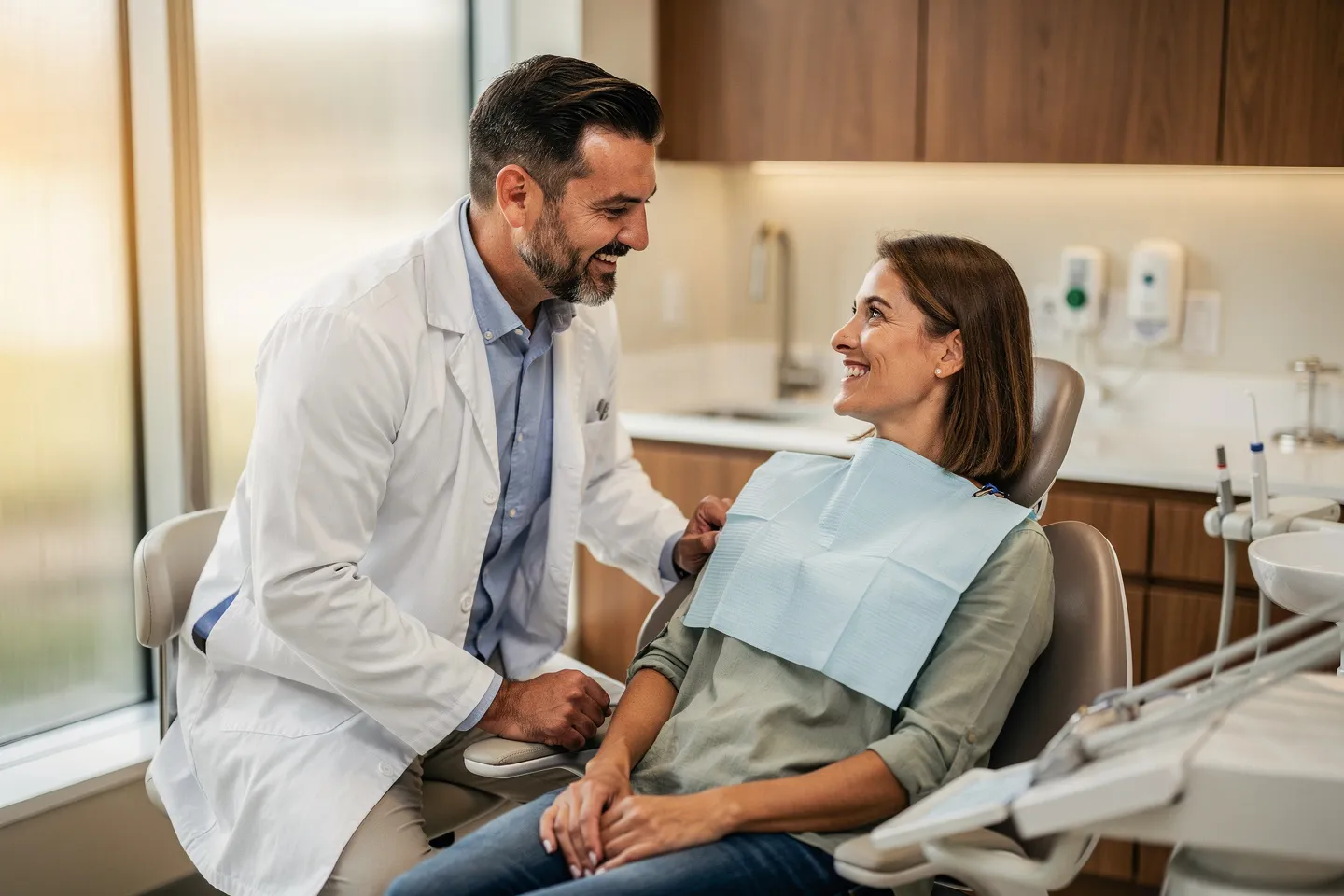 Ein freundlicher Zahnarzt berät eine lächelnde Patientin in einem modernen Behandlungszimmer