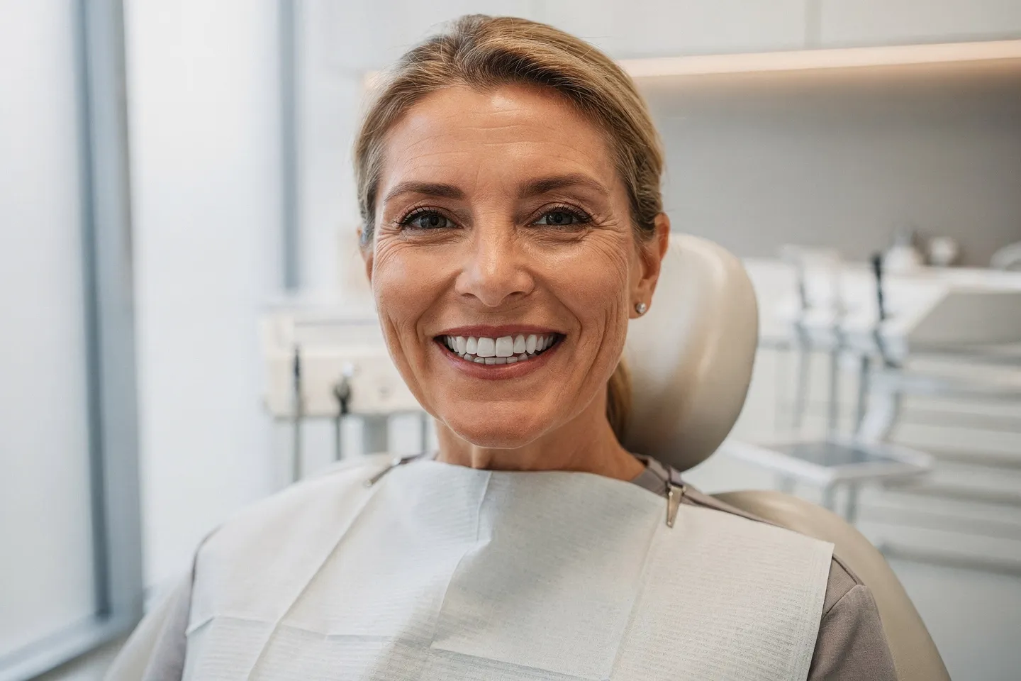 Ein lächelnder Patient mittleren Alters zeigt perfekte Zähne in einer Zahnarztpraxis
