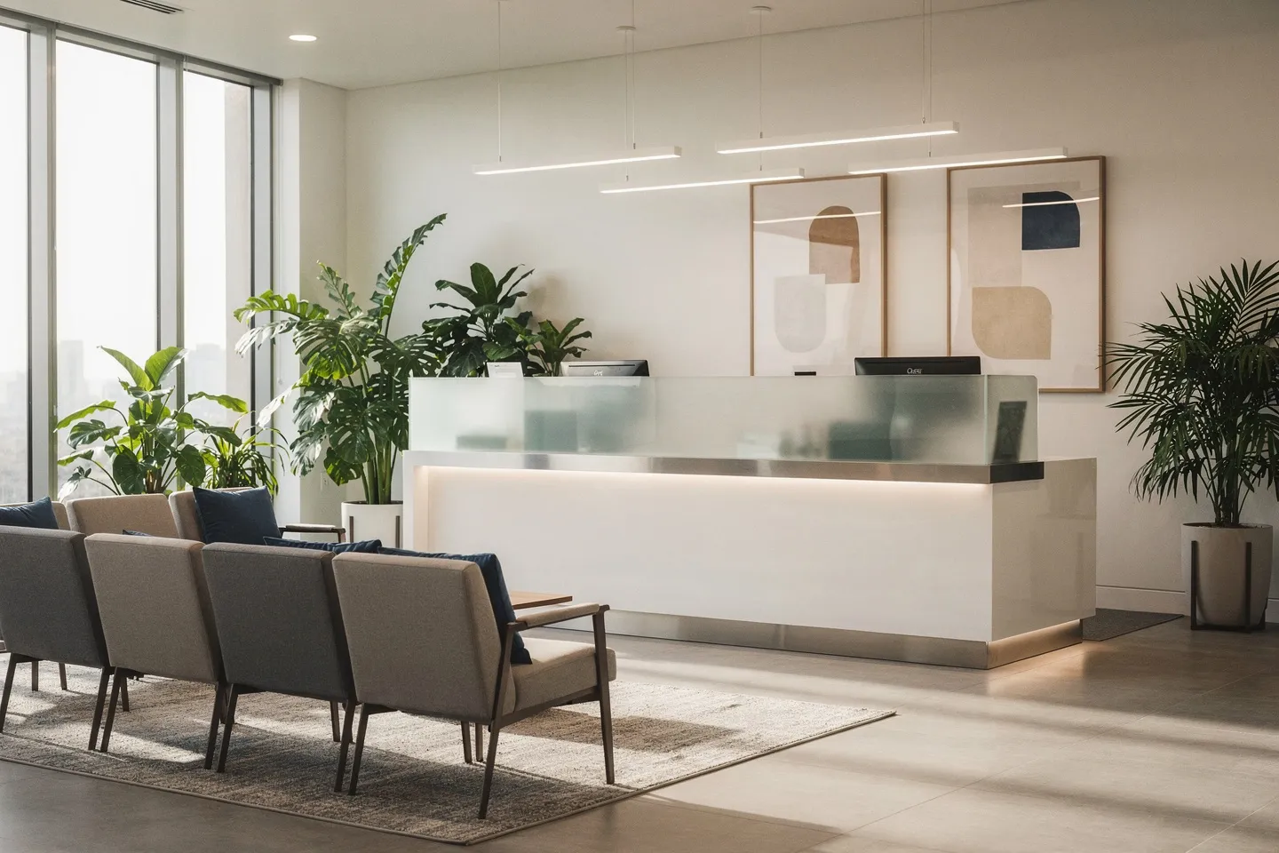 Moderner Zahnarzt-Empfangsbereich mit weißem Tresen, Glaswand und gemütlichen Wartestühlen