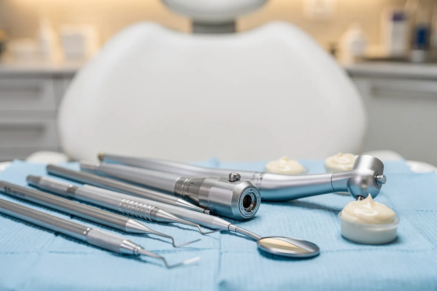 Präzise angeordnete Zahnarztwerkzeuge auf blauem Tuch mit Dentallampe und Spiegel