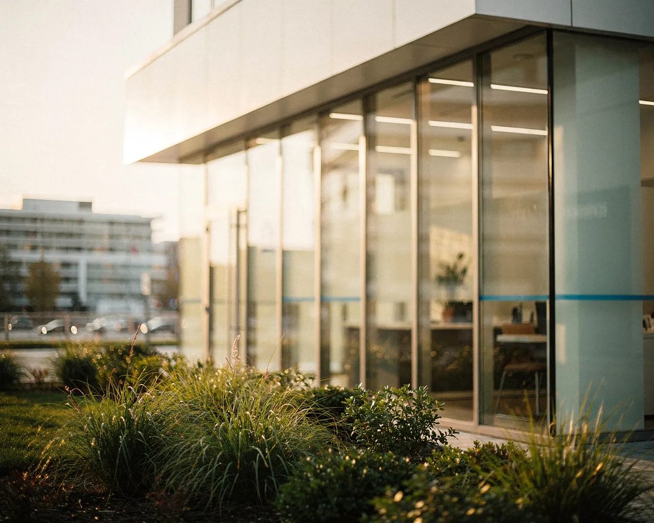Moderne Zahnklinik mit Glasfassade und Grünflächen in warmem Abendlicht