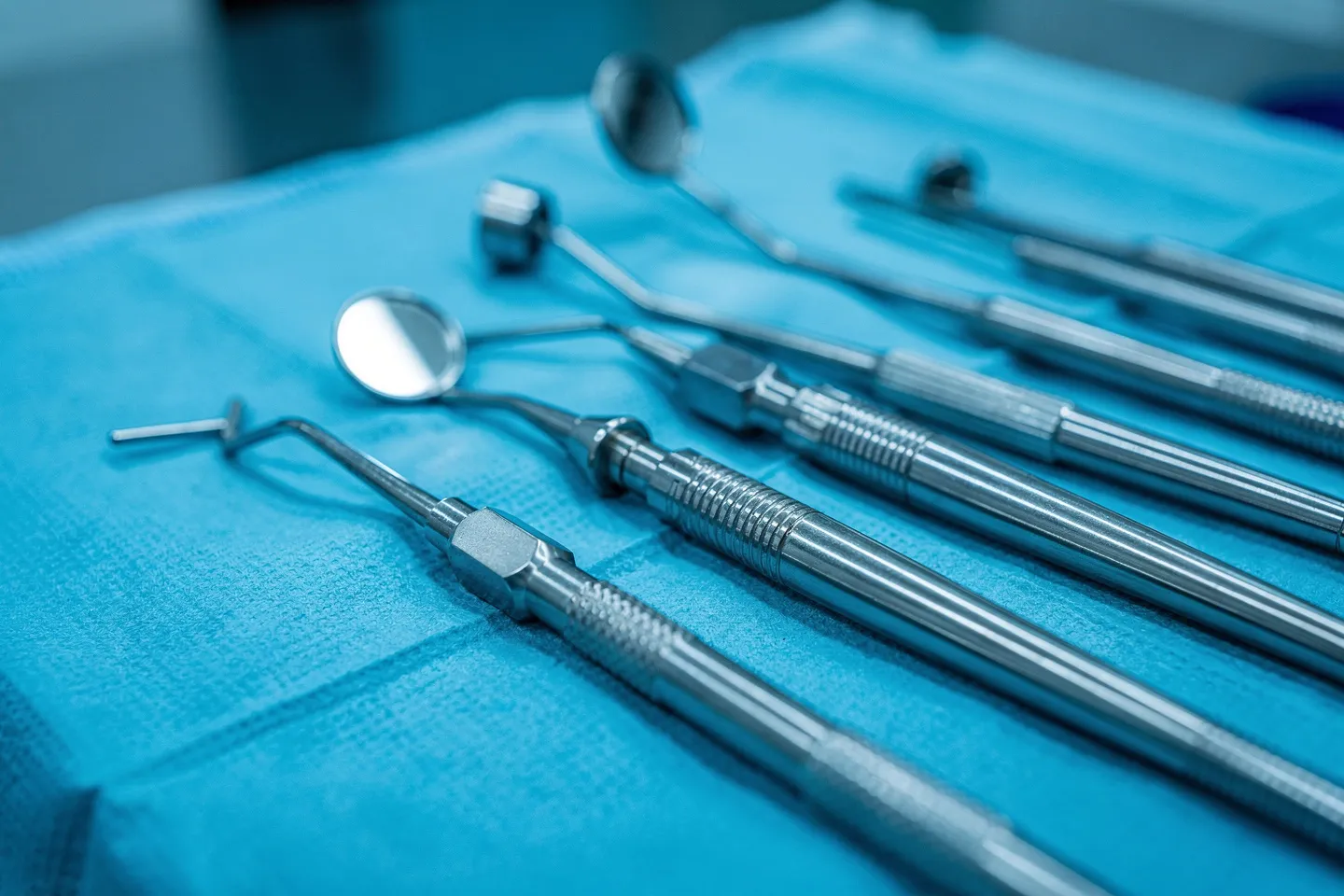 Präzise Zahnarztinstrumente liegen ordentlich auf einem sterilen blauen Tuch