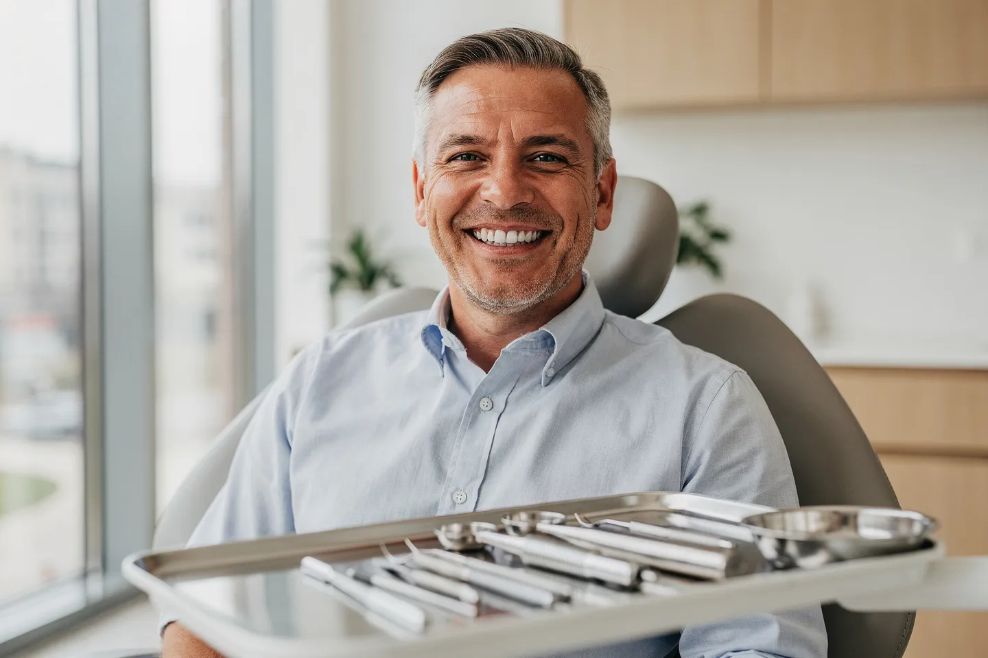 Ein lächelnder Patient mittleren Alters sitzt selbstbewusst auf einem modernen Zahnarztstuhl