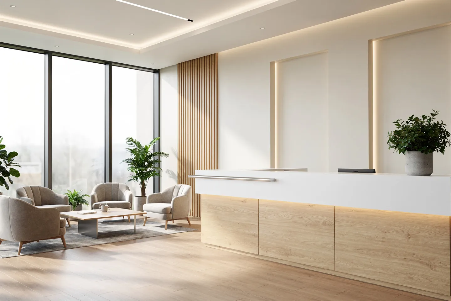 Moderner Zahnarzt-Empfangsbereich mit Holzdekoration, Empfangstresen und gemütlichem Wartebereich mit Pflanzen