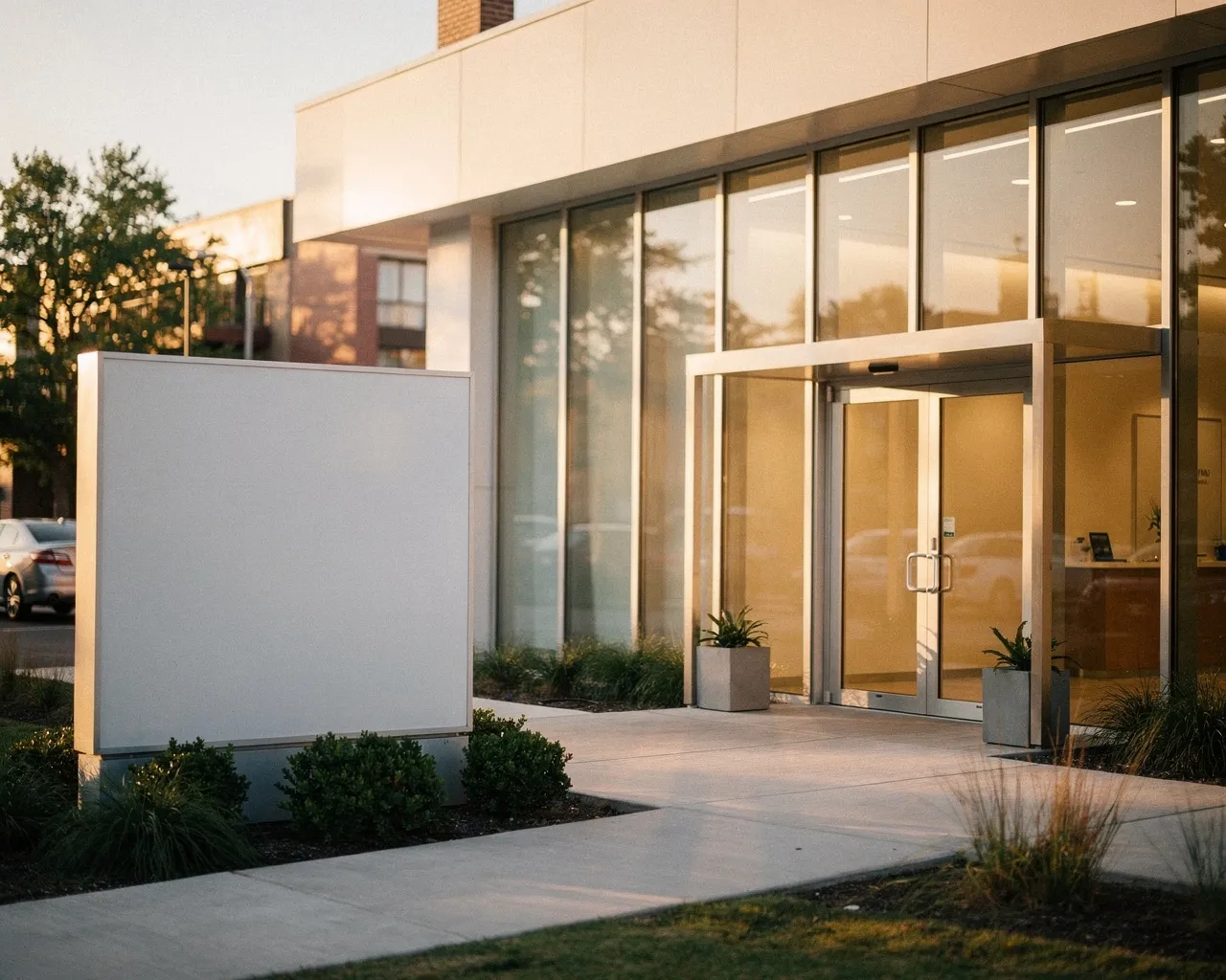 Moderne Zahnklinik mit großen Glasfenstern und minimalistischer Landschaftsgestaltung vor dem Eingang
