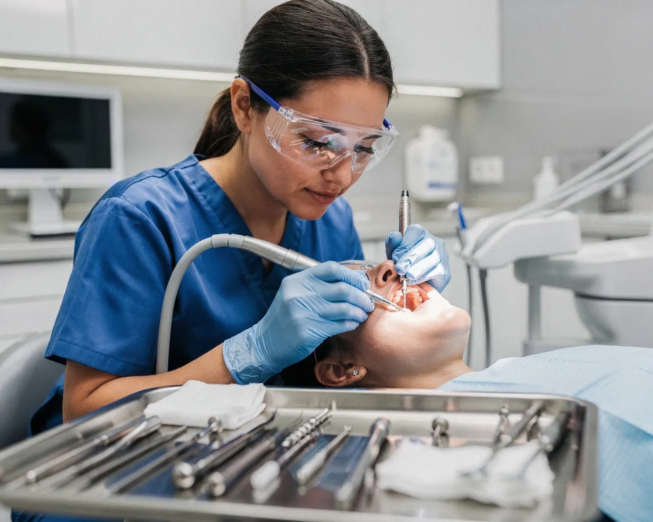 Eine Zahnärztin in blauer Kleidung führt präzise eine Zahnimplantation durch