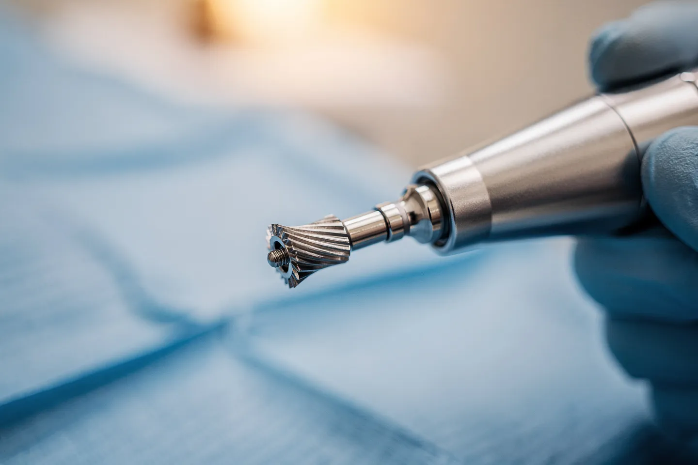 Eine behandschuhte Hand hält einen hochwertigen Dentalbohrer mit polierten Metalloberflächen
