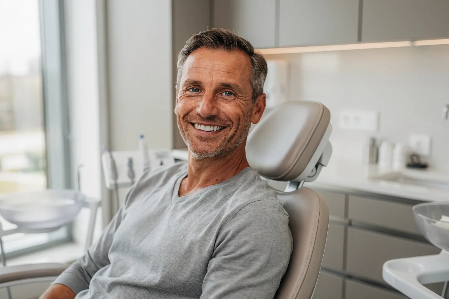 Ein lächelnder Patient sitzt entspannt auf einem modernen Zahnarztstuhl mit perfekten weißen Zähnen