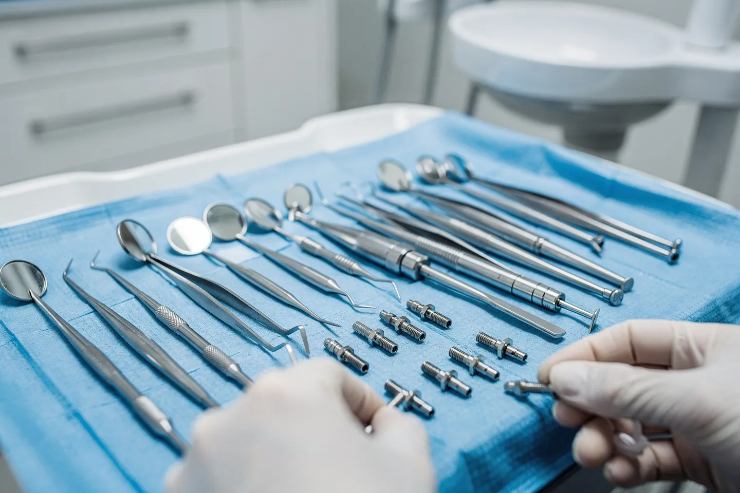 Sterile blaue Abdeckung mit präzisen Zahnarztinstrumenten und Handschuhen vor verschwommenem Behandlungsstuhl