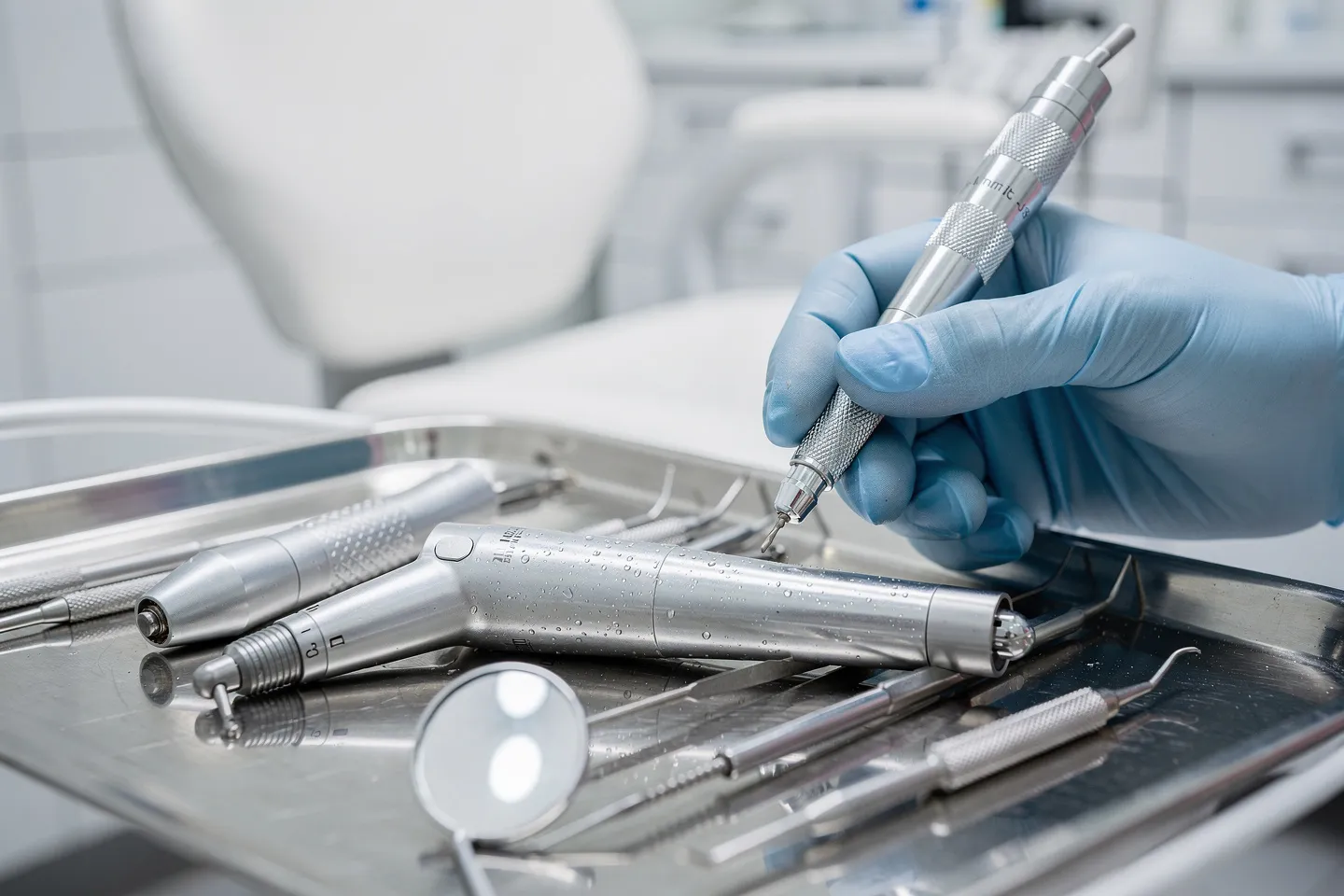 Steriler Zahnarztarbeitsplatz mit präzisen Instrumenten und Hand in Handschuh
