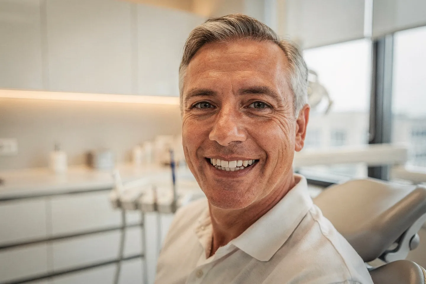Ein zufriedener Patient mittleren Alters zeigt seine perfekten Zähne in einer modernen Zahnarztpraxis
