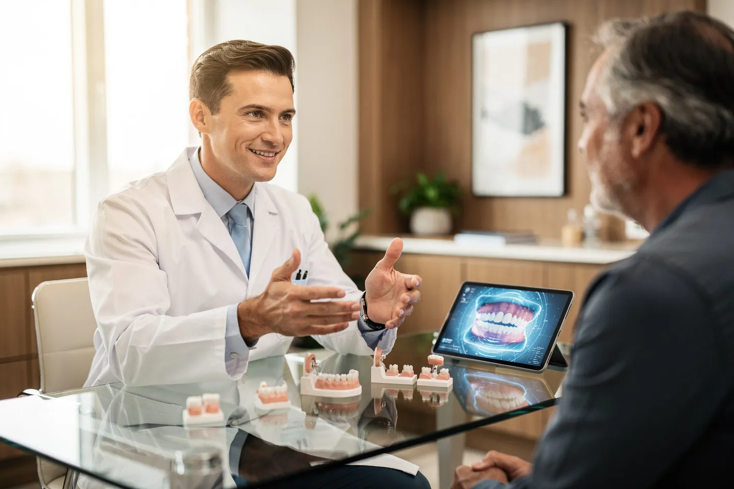 Ein freundlicher Zahnarzt erklärt Behandlungsoptionen an einem modernen Glas-Schreibtisch mit einem Patienten