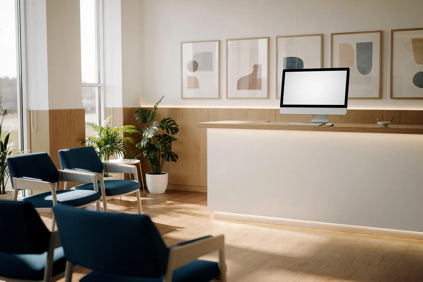 Modernes Zahnarzt-Wartezimmer mit minimalistischen Möbeln, Empfangstresen und blauen Sitzkissen