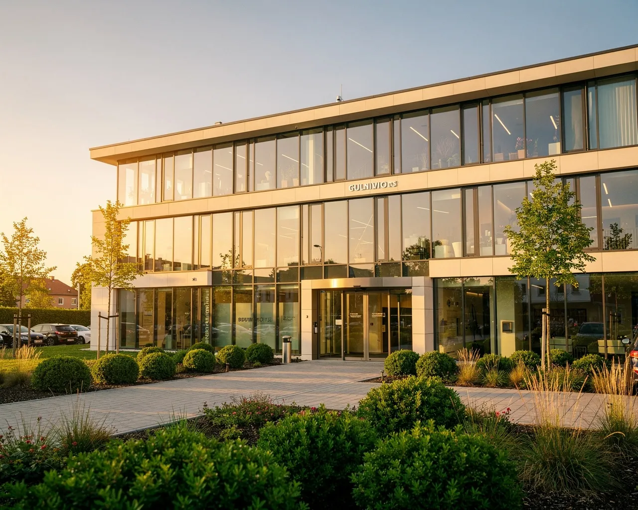 Moderne Zahnklinik mit Glasfassade in Bernau bei goldenem Abendlicht