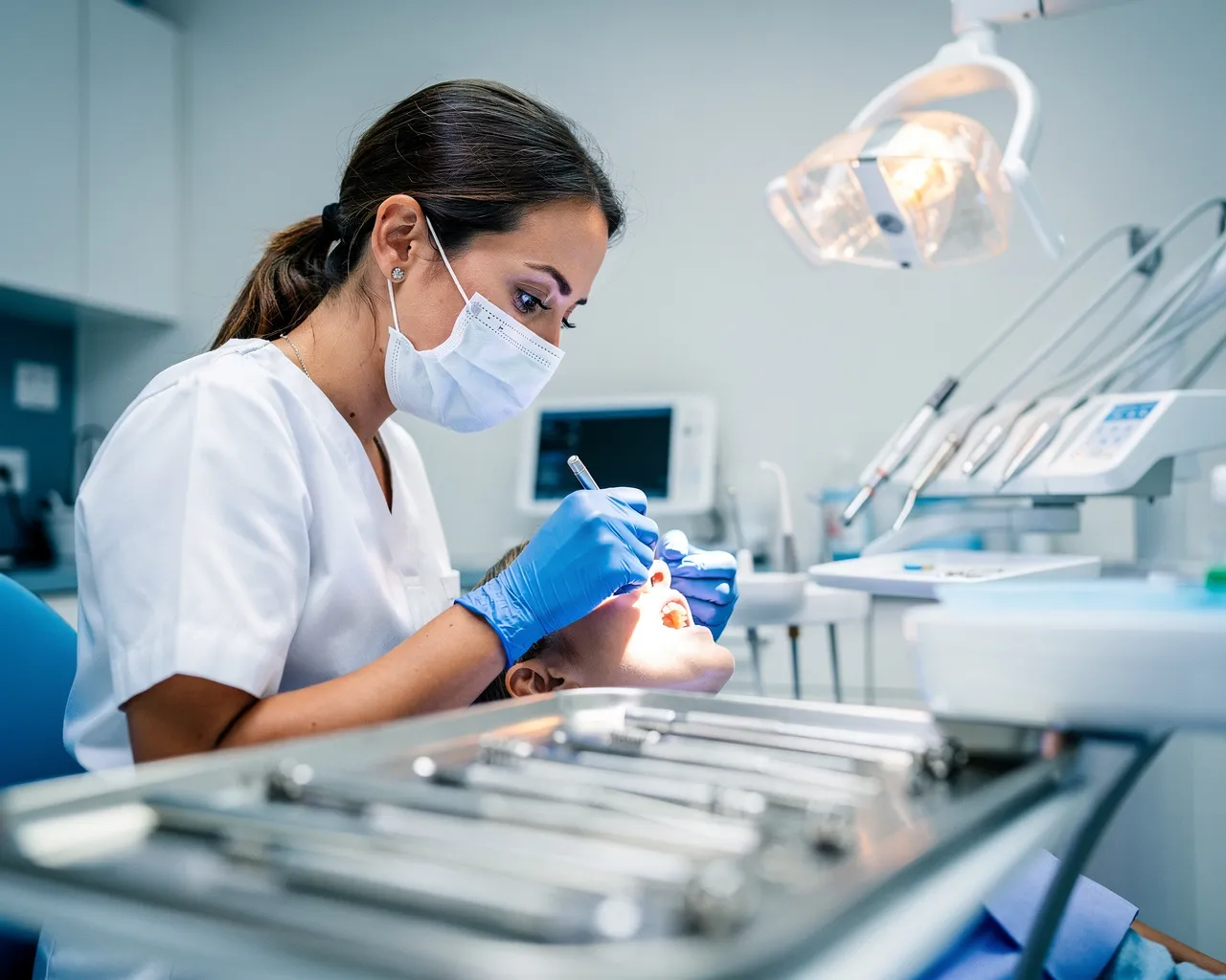 Eine Zahnärztin führt eine präzise Zahnimplantation durch mit Werkzeugen im Vordergrund