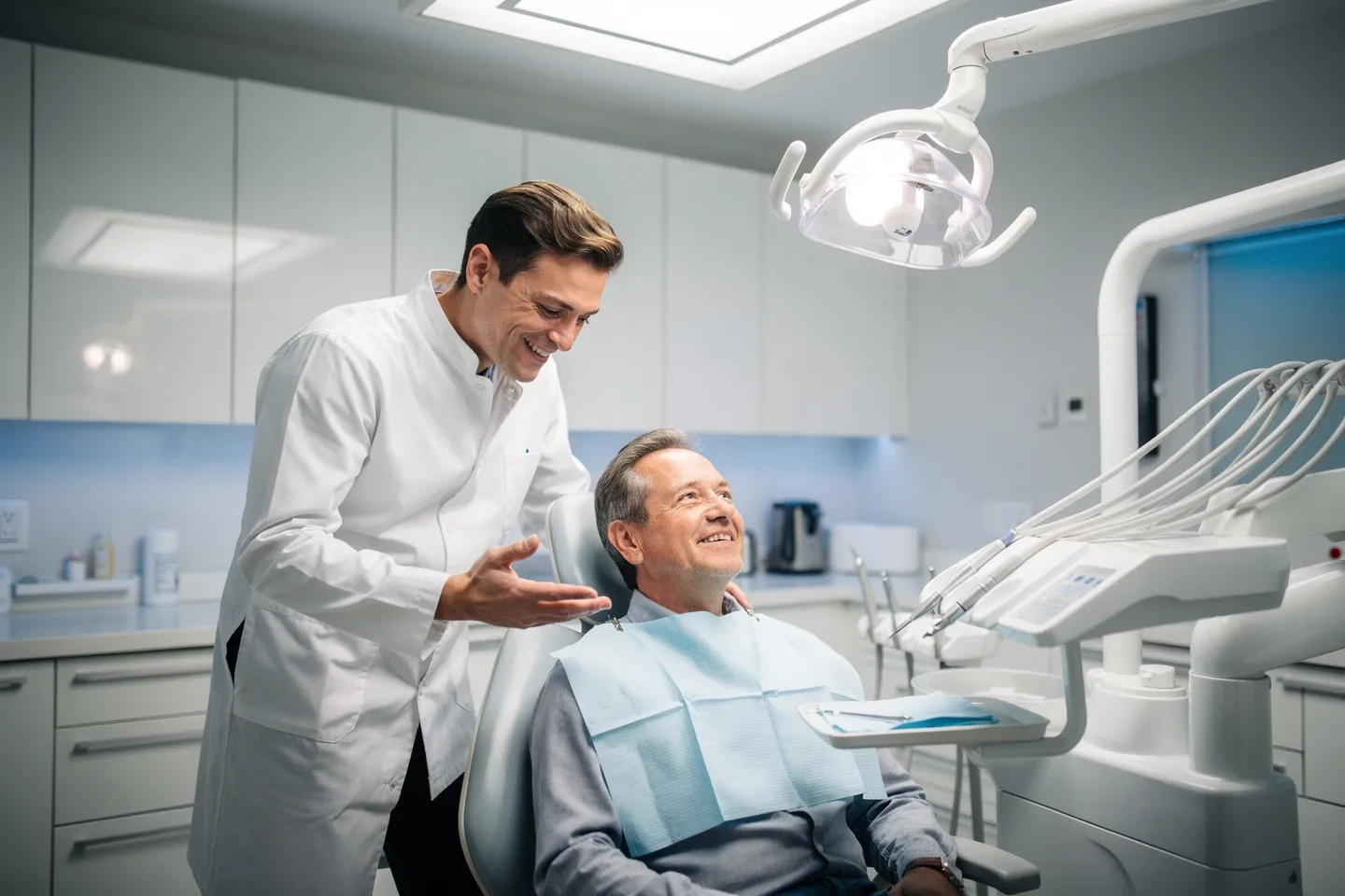 Ein freundlicher Zahnarzt erklärt einem Patienten eine Behandlung in einer modernen Praxis