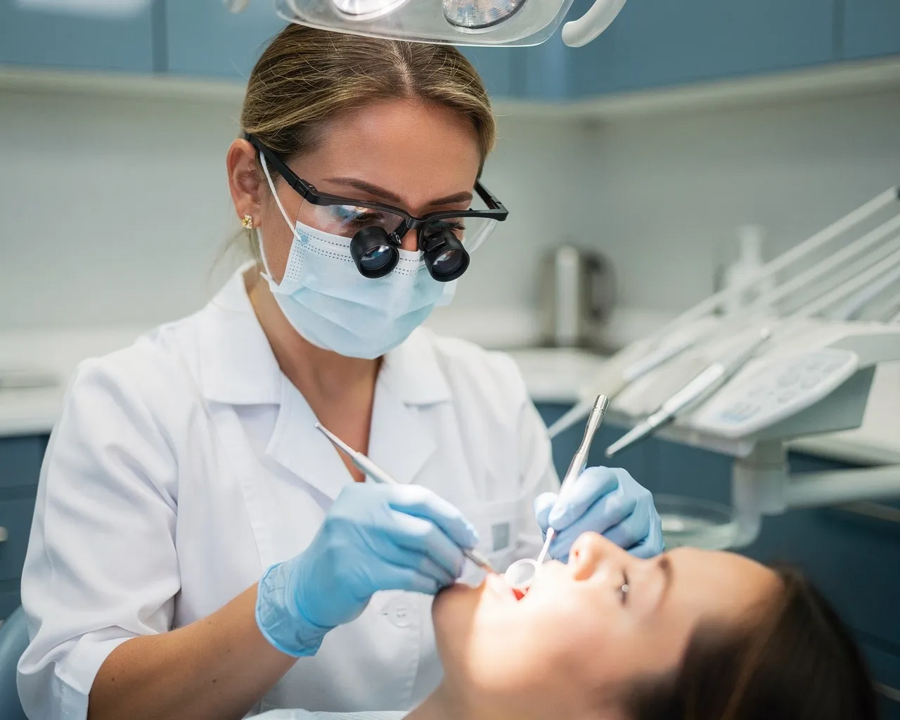 Eine Zahnärztin führt eine präzise Behandlung an einem Patienten in einem modernen Behandlungszimmer durch