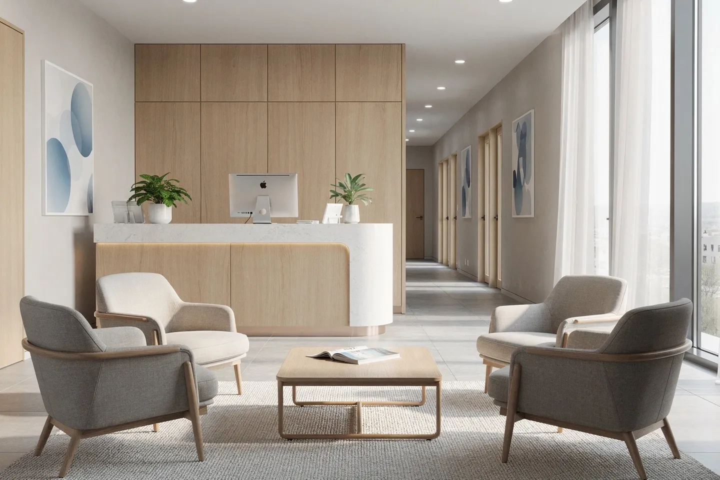 Moderner Zahnarzt-Empfangsbereich mit skandinavischem Design, Holzelementen und neutralen Farbtönen