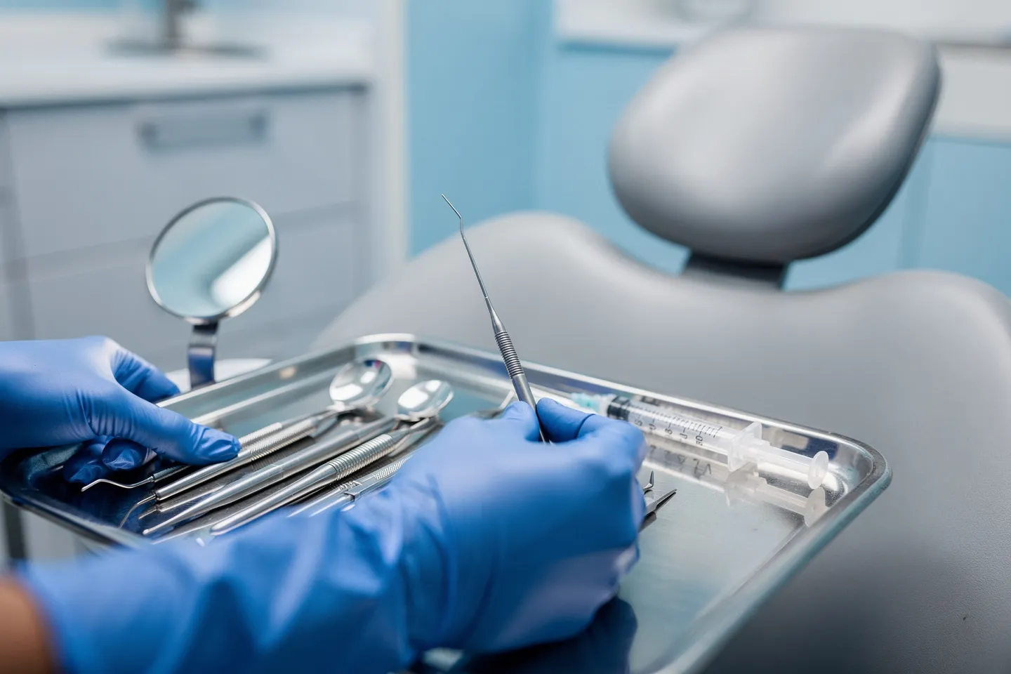 Präzise angeordnete Zahnarztinstrumente auf einem sterilen Tablett mit Handschuhen