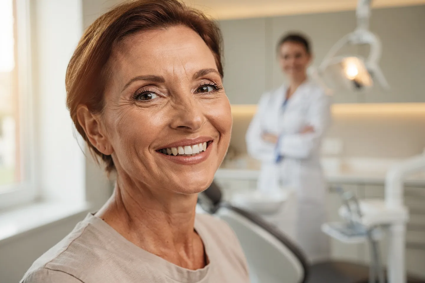 Ein mittelalter Patient mit perfektem Lächeln sitzt in einem modernen Zahnarztbüro