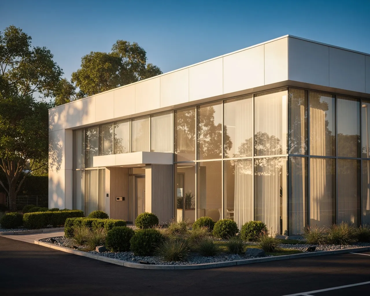 Moderne Zahnklinik mit grossen Glasfenstern und sauberer Architektur in warmem Sonnenlicht