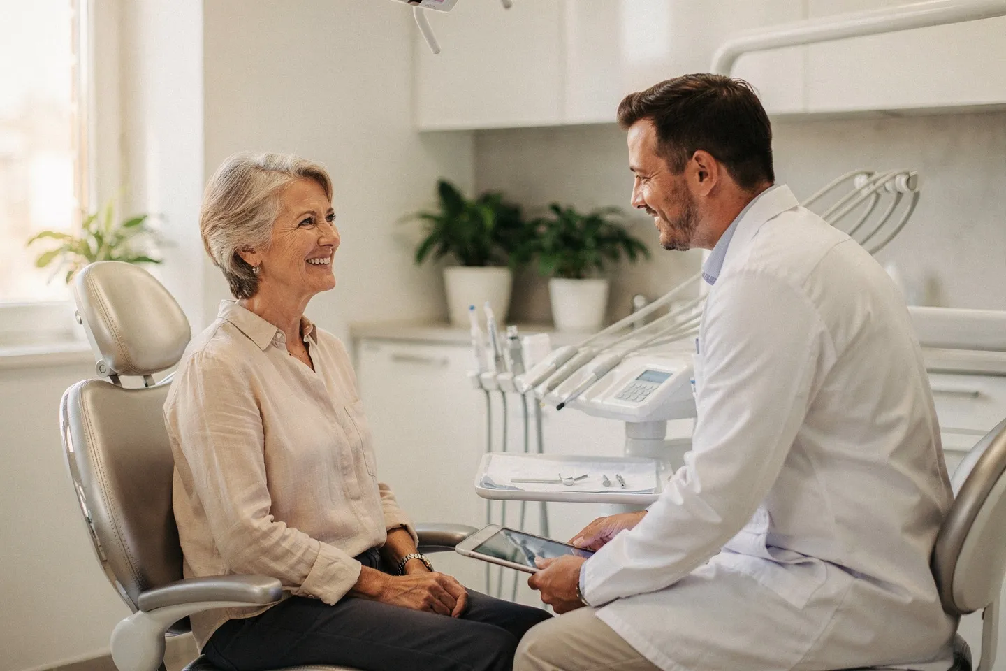 Ein freundlicher Zahnarzt berät einen lächelnden Patienten in einer modernen Zahnklinik