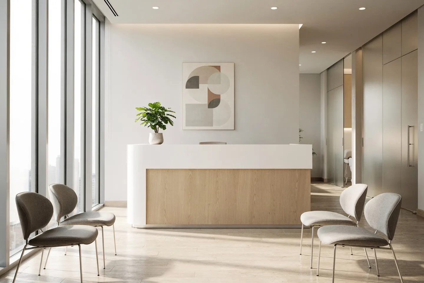 Moderner Zahnarzt-Empfangsbereich mit Holzakzenten, minimalistischem Schreibtisch und Wartestühlen