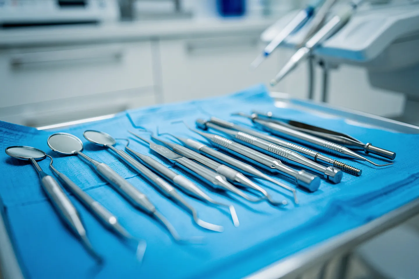 Präzise angeordnete Zahnarztwerkzeuge auf blauem sterilen Tablett mit Spiegeln und Instrumenten