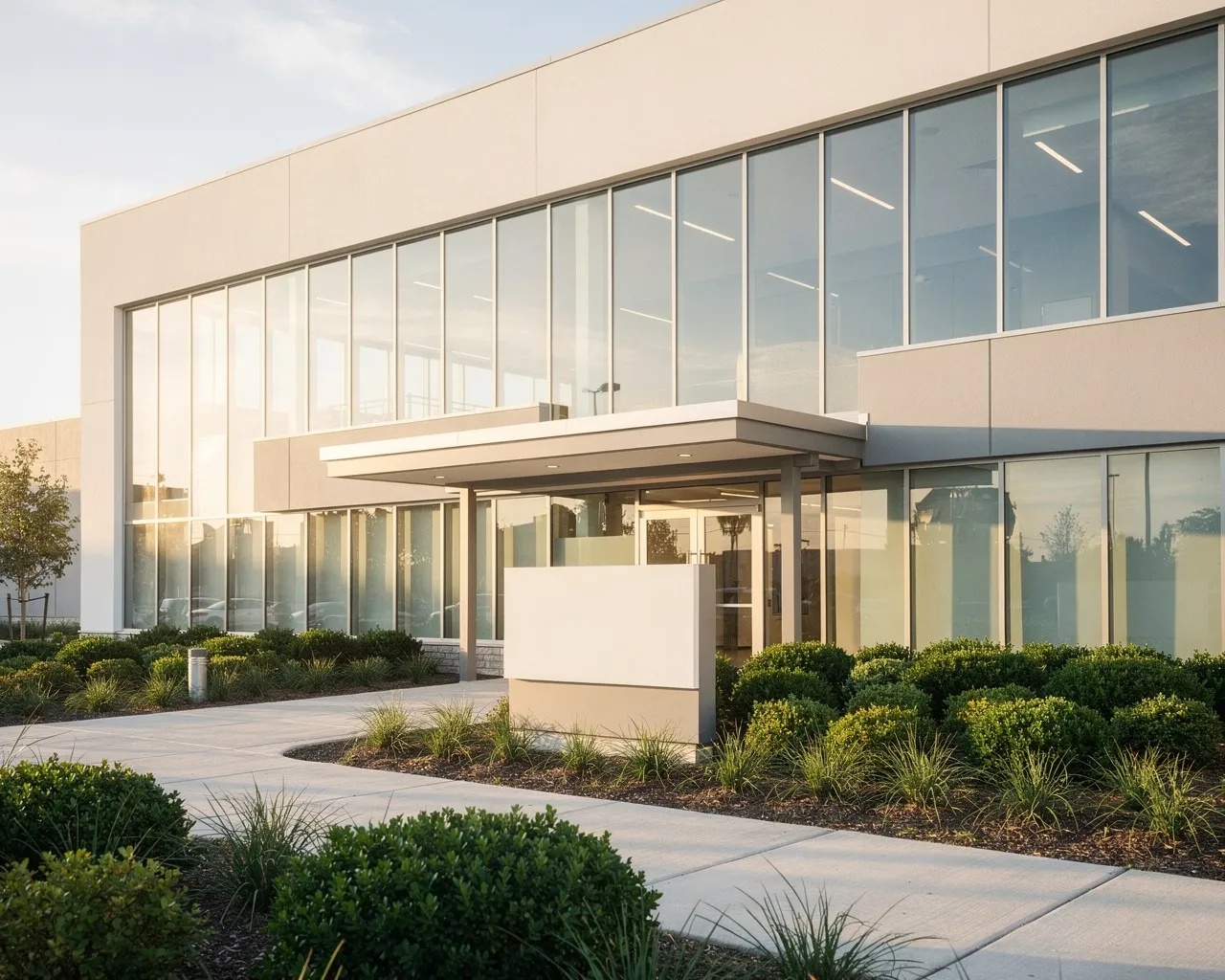 Moderne Zahnklinik mit Glasfassade und gepflegter Landschaft im Morgenlicht