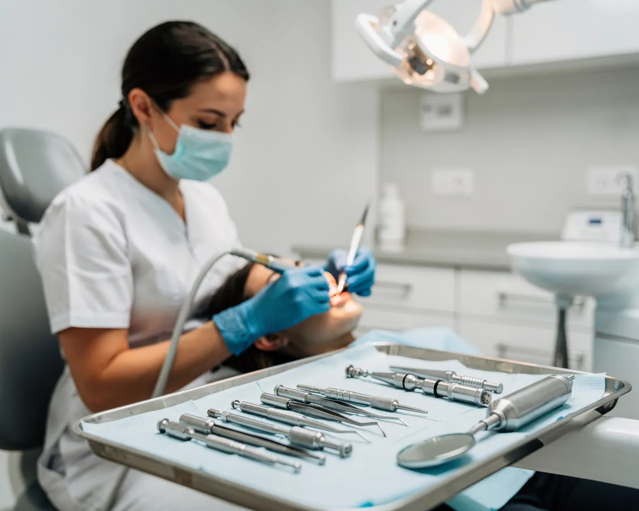 Eine Zahnärztin führt mit Präzision eine Zahnimplantation durch, umgeben von modernen Instrumenten