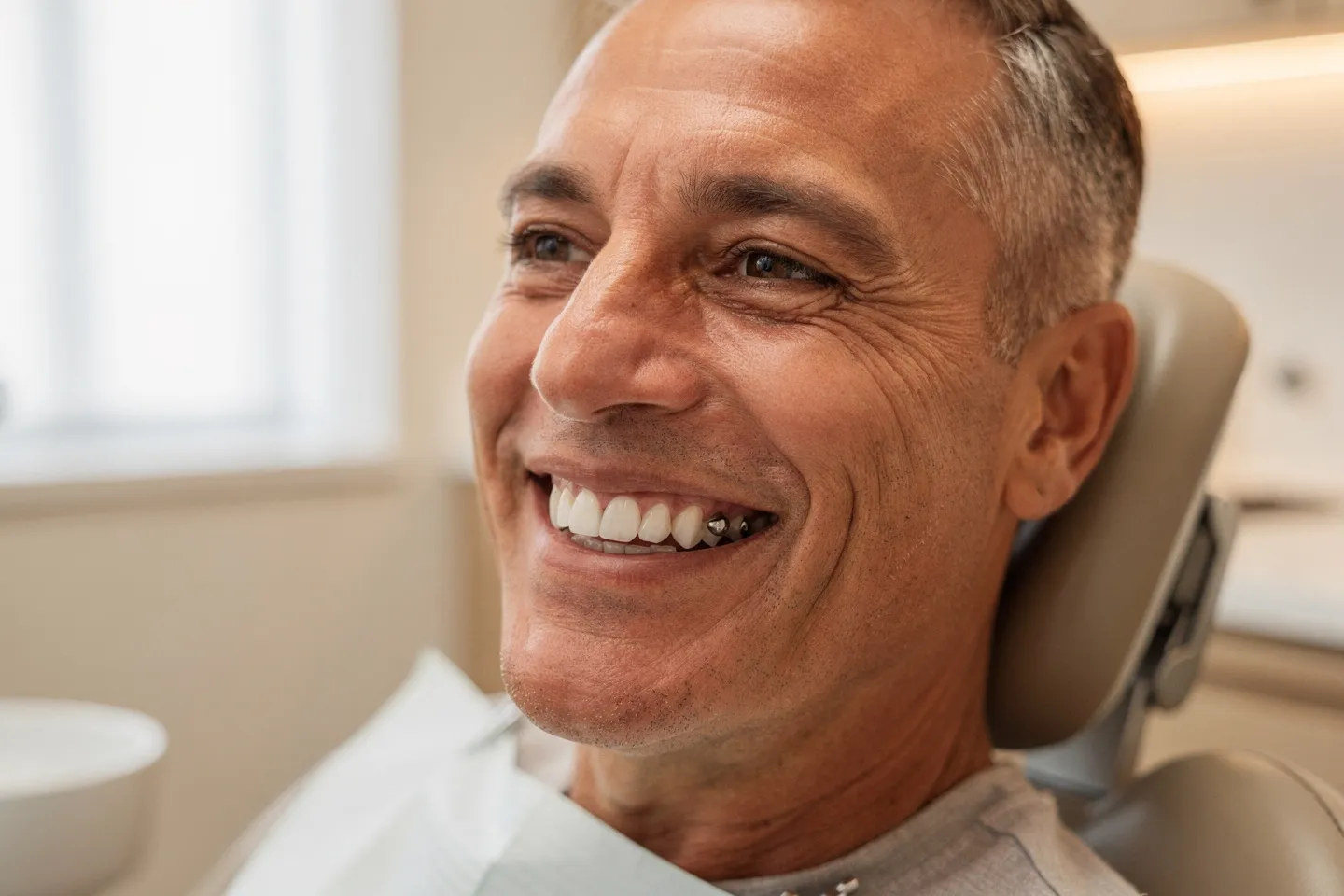 Ein mittelalter Patient mit perfektem Lächeln sitzt auf einem modernen Zahnarztstuhl