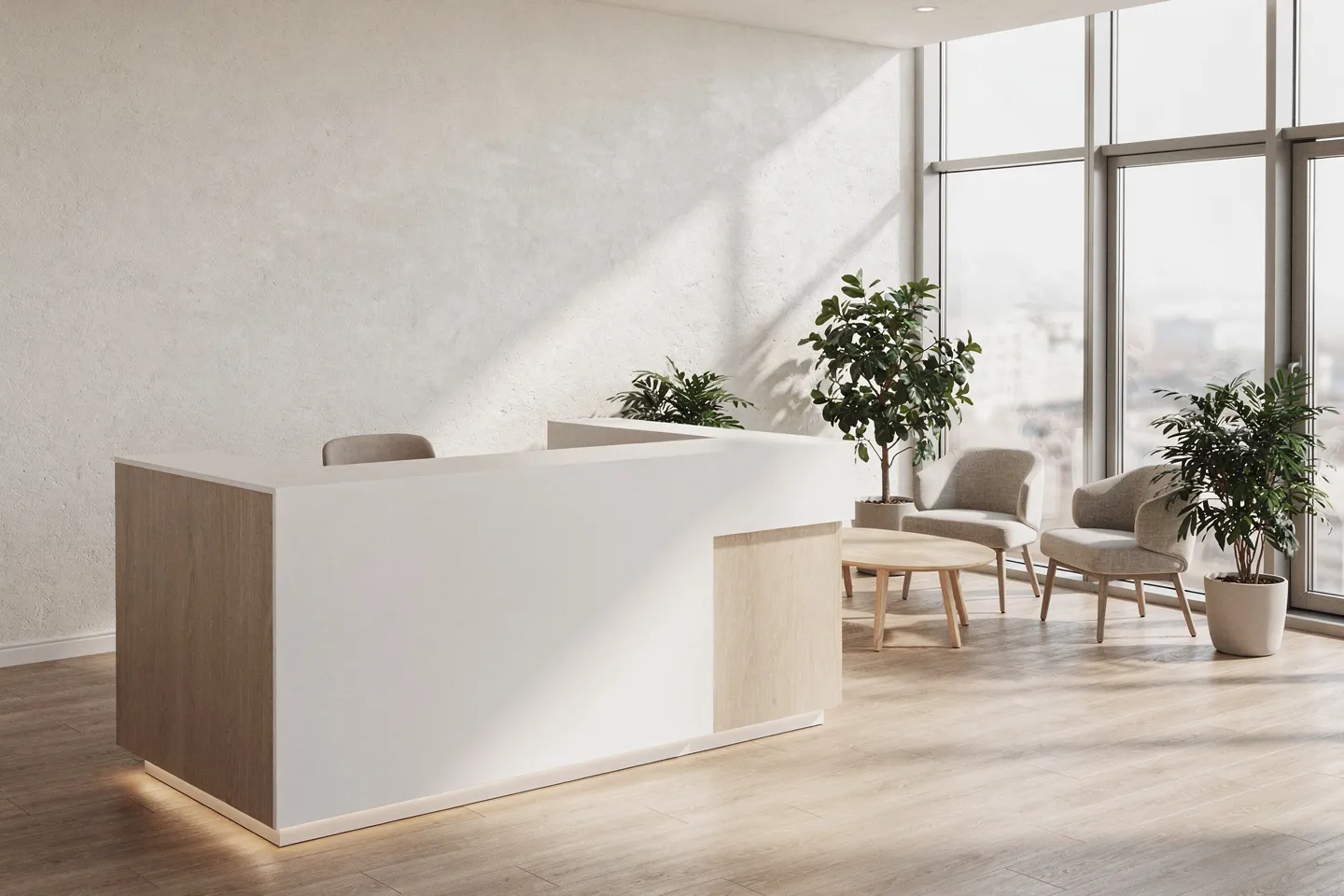 Moderner Zahnarzt-Empfangsbereich mit skandinavischem Design, weißem Tresen und Pflanzen