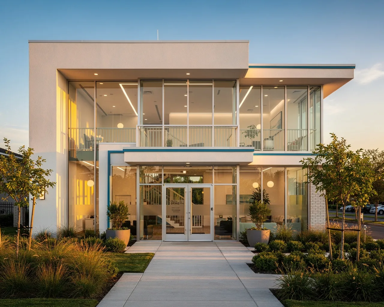 Moderne Zahnklinik mit bodentiefen Fenstern und begrüntem Eingang in warmem Licht