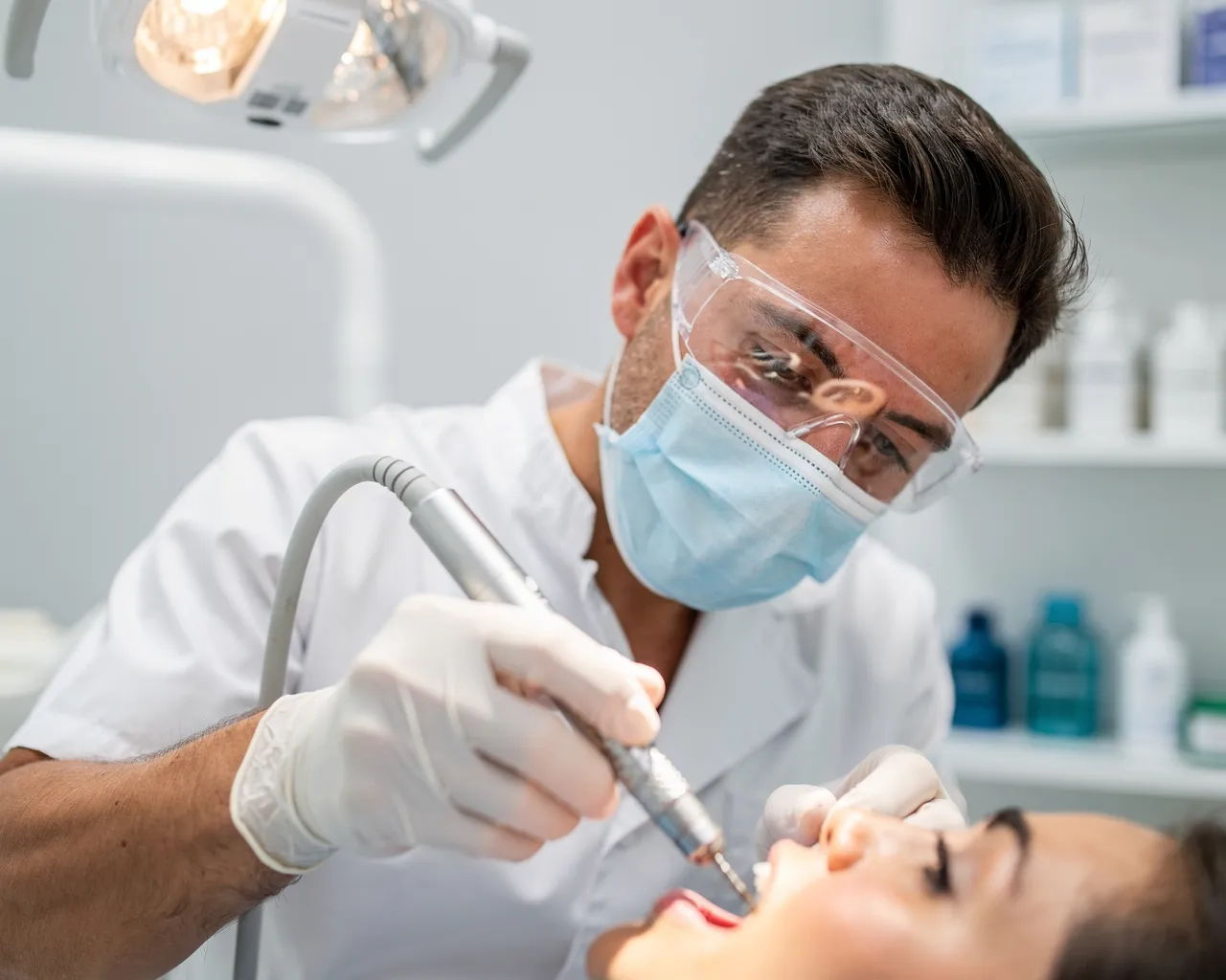 Ein Zahnarzt führt mit Präzisionswerkzeug eine Zahnimplantat-Operation durch