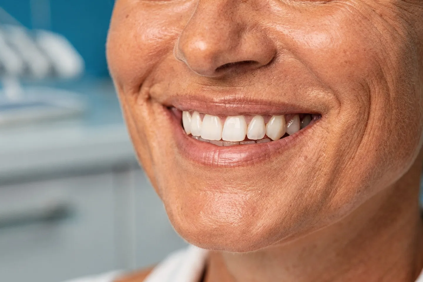 Ein lächelnder Patient mittleren Alters mit perfekten weißen Zähnen in einer Zahnarztpraxis