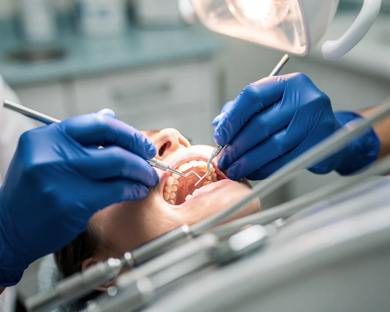 Eine Zahnärztin in blauen Handschuhen führt präzise Zahnbehandlungen durch
