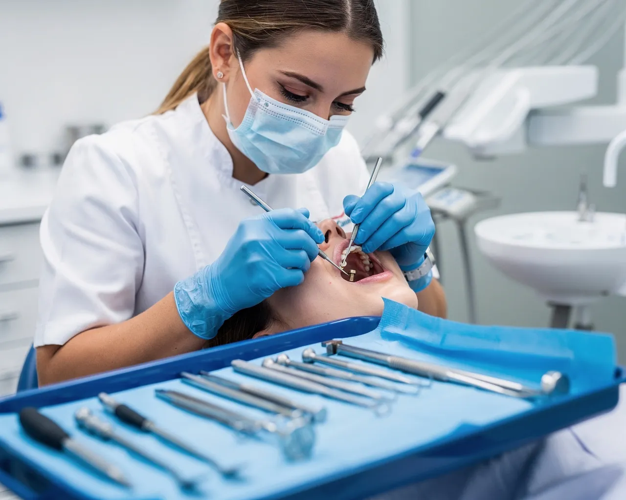 Eine Zahnärztin in weißem Kittel setzt sorgfältig ein Zahnimplantat ein, sterile Instrumente auf blauem Tablett