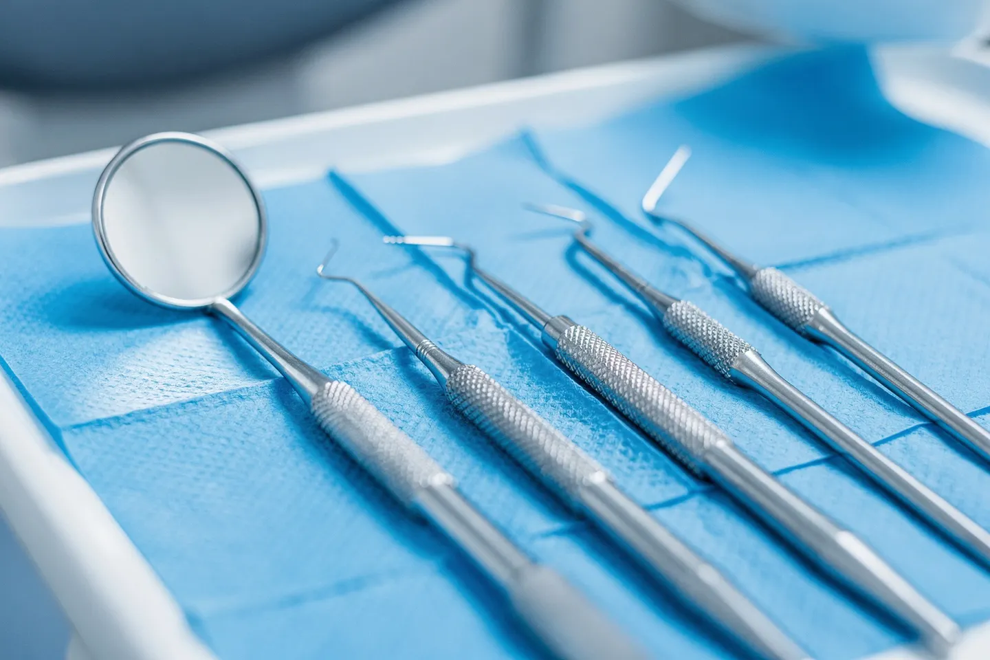 Präzisions-Zahnarztinstrumente ordentlich auf einem sterilen blauen Tablett angeordnet